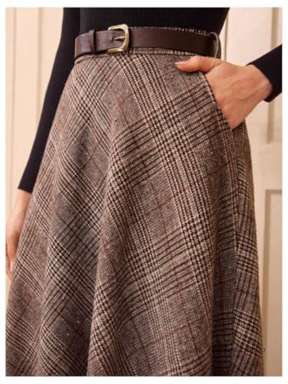 High Waisted Plaid A-Line Long Skirt with Belt Business Casual - Picture 3 of 3